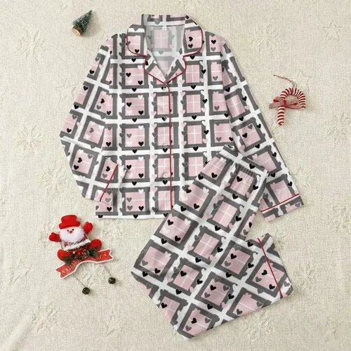 Women's Light Pink White Dark Grey Classic Plaid Grid Scattered Solid & Outline Heart Motifs Satin Pajamas Set