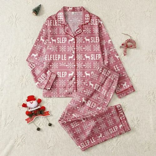 Women's Muted Rose Pink White Nordic Folk Art Reindeer Snowflake Geometric 'SLEEP' Pattern Satin Pajamas Set