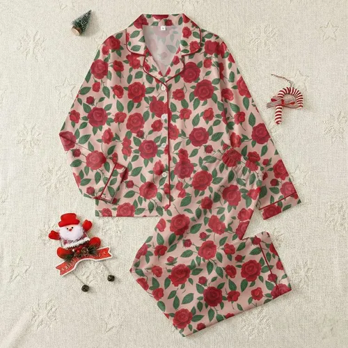 Women's Elegant Painterly Red Burgundy Roses Emerald Leaves Peachy-Pink Floral Pattern Satin Pajamas Set