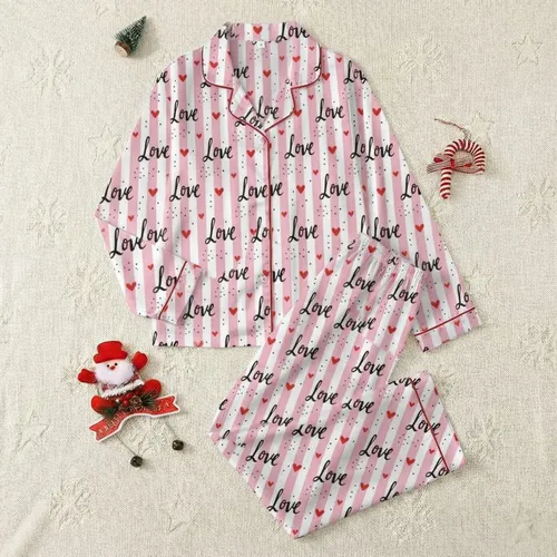 Women's Playful Hand-Drawn Pastel Pink White Vertical Stripe with Black 'Love' Script & Red Hearts Satin Pajamas Set
