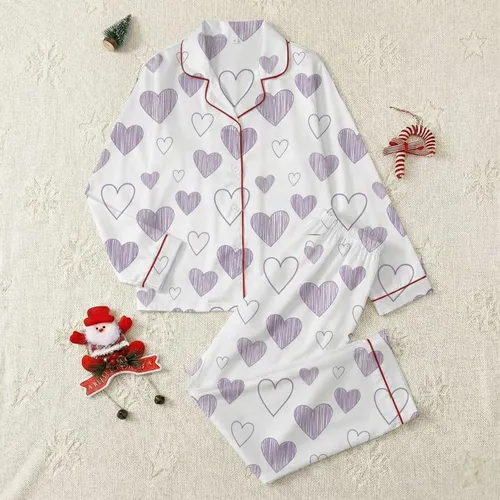 Women's Soft Muted Lavender Hand-Drawn Solid & Outline Heart Seamless Pattern Satin Pajamas Set