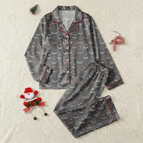 Dreamer's Everyday Essential: Charcoal Heather Sleeping Eye Moon Zzz Pattern Kid Satin Pajamas Set