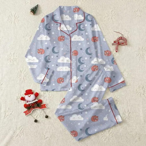 Dreamer's Whimsical Sleeping Clouds, Moons, Starry Animals - Pale Lavender-Blue-Pink Serene Design Satin Pajamas Set