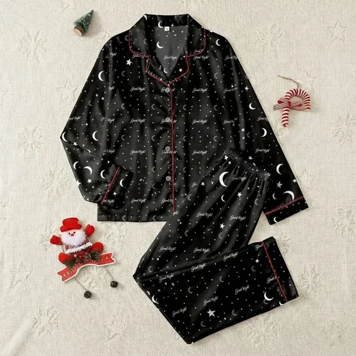 Women's Minimalist Black White Celestial Repeating Pattern with 'Good Night' Script, Crescent Moons & Stars Satin Pajamas Set