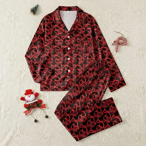 Modern Shoppers' Bold Black Friday Sans-Serif Text Repeating Black & Vibrant Red Ribbon Entangled Graphic Satin Pajamas Set