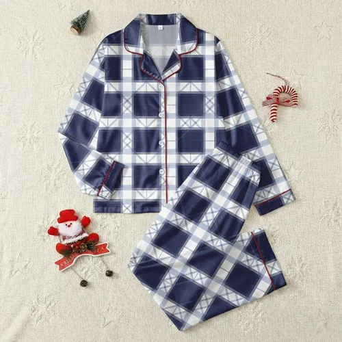 Timeless Style: Deep Navy White Light Blue Grey Geometric Tartan Plaid Wearable Textile Satin Pajamas Set