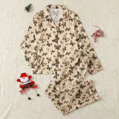 Women's Delicate Illustrative Butterfly Flight Pattern Muted Brown Taupe Sepia Tones Satin Pajamas Set