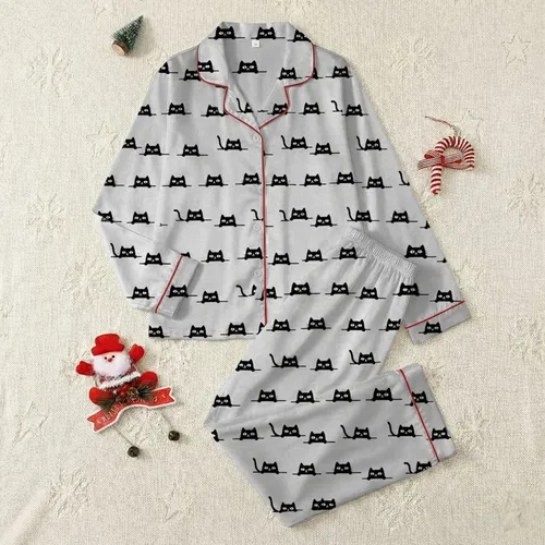 Cat Lovers' Playful Solid Black Cat Peeking White Eye Pattern on Heather Grey Satin Pajamas Set