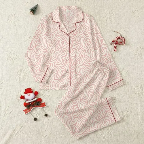 Cozy Aesthetic: Blush Cream Organic Ruffle Flowing Shapes Soft Knit Satin Pajamas Set