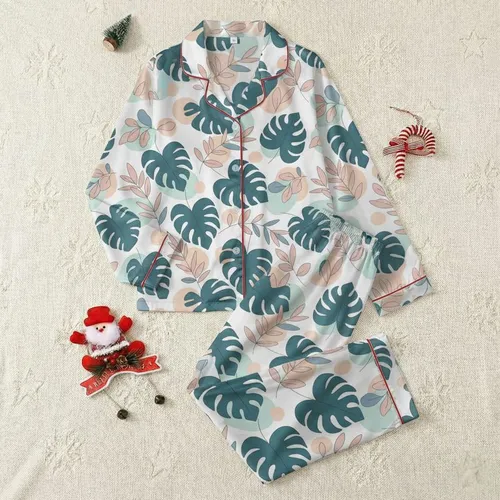 Women's Illustrative Tropical Teal Philodendron Blush Eucalyptus White Abstract Organic Pattern Satin Pajamas Set