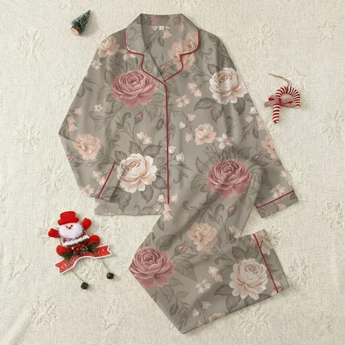 Women's Elegant Botanical Rose Garden Design: Dusty Rose Peach & Greige Blooms Kid Satin Pajamas Set