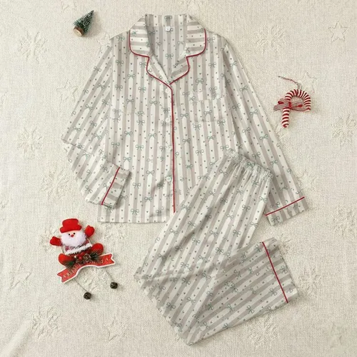 Women's Soft Beige & Off-White Vertical Stripe Muted Teal Whimsical Bow & Heart Pattern Satin Pajamas Set