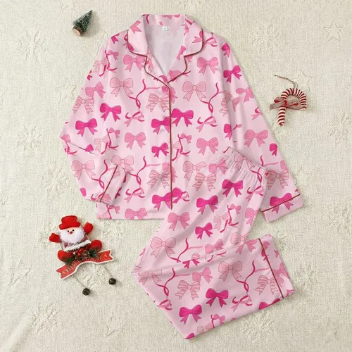 Women's Charming Fuchsia Rose Pink Bows & Ribbons Garment - Pale Pink, Striped & Solid Satin Pajamas Set