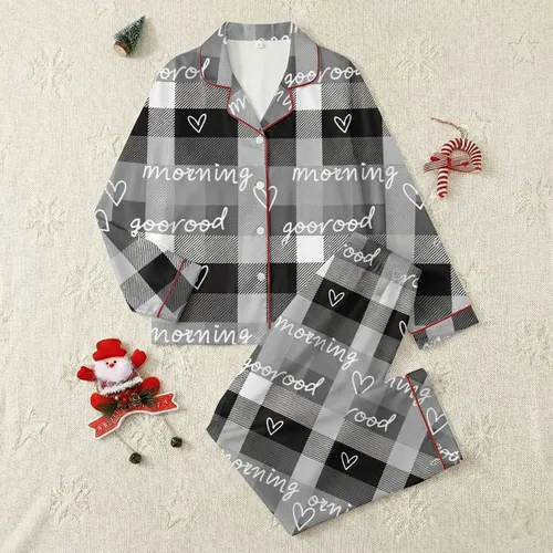 Cozy Rustic Plaid: Black White Gray Good Morning Heart Script Lumberjack Style Satin Pajamas Set