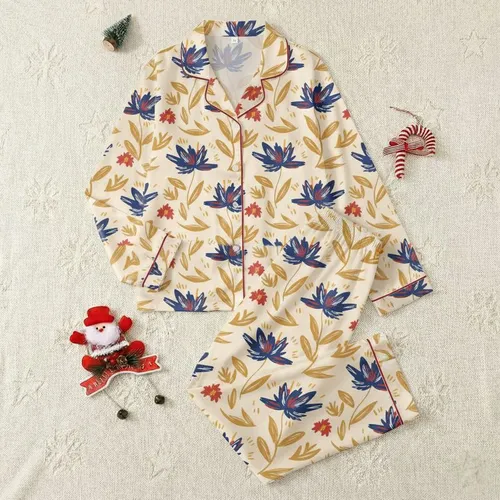 Women's Hand-Drawn Abstract Floral Botanical Seamless Repeat Pattern Indigo Blue Caramel Red Yellow Satin Pajamas Set
