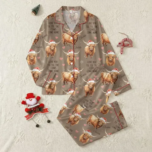 Highland Cow Lovers' Festive Taupe Brown Watercolor Santa Hat Personalized Script Design Satin Pajamas Set