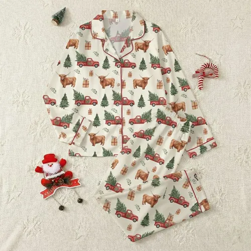 Country Christmas Enthusiasts' Muted Watercolor Highland Cow Red Truck Christmas Tree Seamless Pattern Satin Pajamas Set