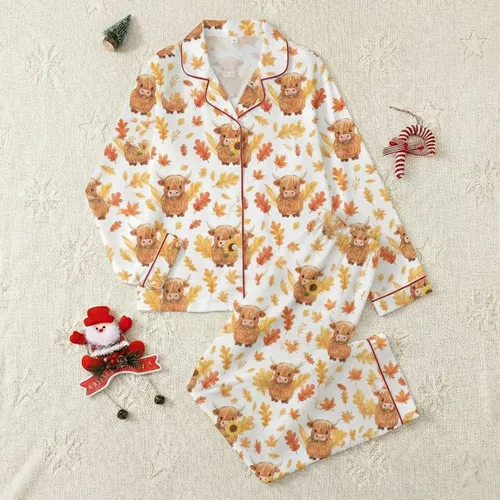 Women's Whimsical Fluffy Highland Cow Autumn Maple Leaf Sunflower Golden Orange Pattern Satin Pajamas Set