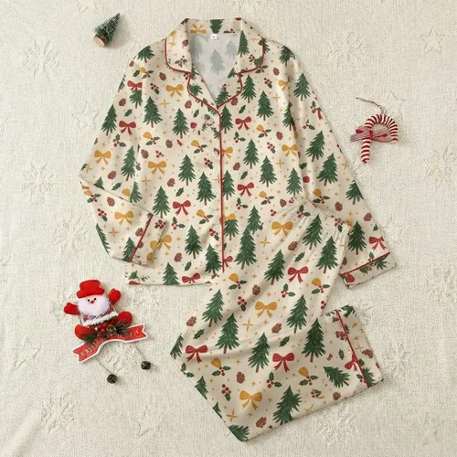 Women's Festive Cream Watercolor Fir Tree Red Bow Golden Ochre Holly Berry Pinecone Pattern Satin Pajamas Set