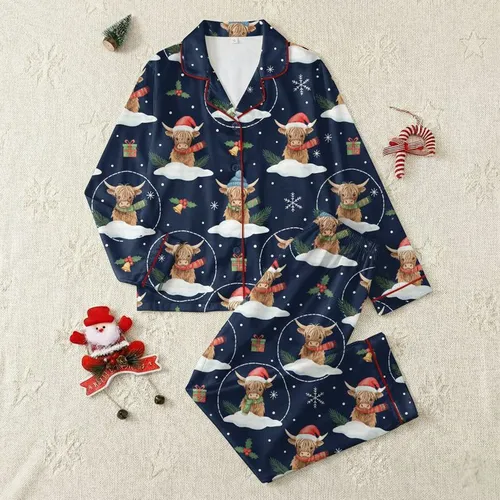 Festive Celebrators' Whimsical Watercolor Highland Cow Navy Blue Holly Berries Snowdrift Pattern Satin Pajamas Set