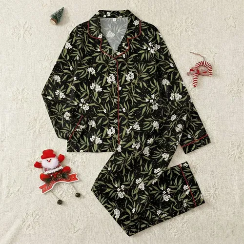 Women's Illustrative Black Botanical Weave Olive Green Leaves Golden Ochre Accents Satin Pajamas Set