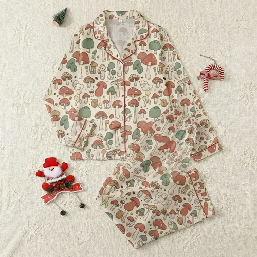 Nature Lover's Whimsical Hand-Drawn Mushroom Pattern: Earthy Terracotta & Sage Fungi Design Satin Pajamas Set