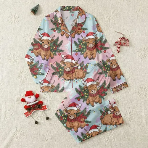 Farm Animal Fans' Whimsical Highland Calf Christmas Pattern with Santa Hats & Red Plaid Satin Pajamas Set