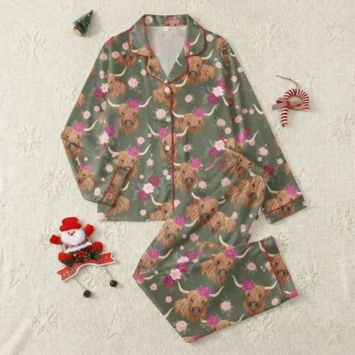Cow Lovers' Illustrative Highland Cow Heads Floral Pattern with Fuchsia Roses and Purple Thistles on Olive Satin Pajamas Set