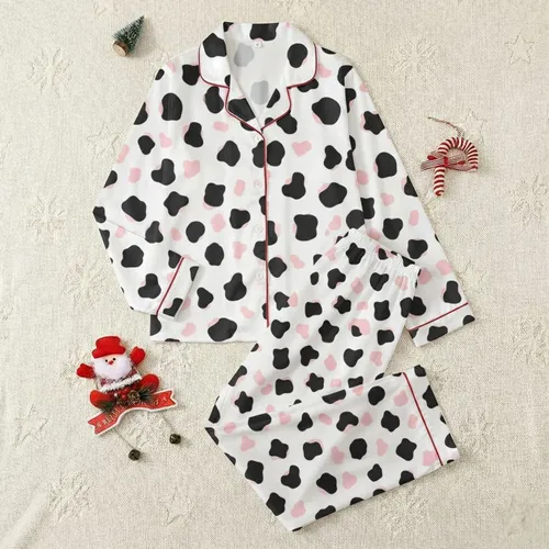 Women's Playful Flat Graphic Black Cow Spots and Soft Pink Blobs on White Satin Pajamas Set