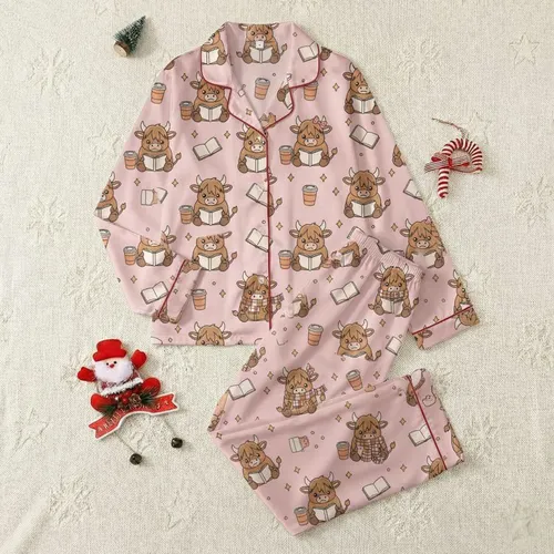 Bookish Coffee Lovers' Whimsical Chibi Fluffy Highland Cows Reading Books Coffee Stars Light Pink Satin Pajamas Set