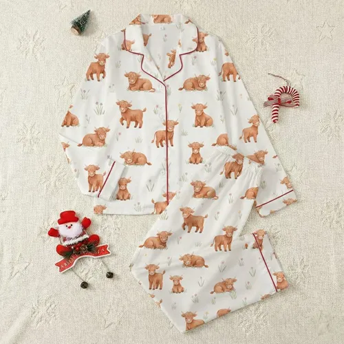 Baby & Kids' Whimsical Creamy Off-White Watercolor Highland Cow Meadow Pattern Satin Pajamas Set