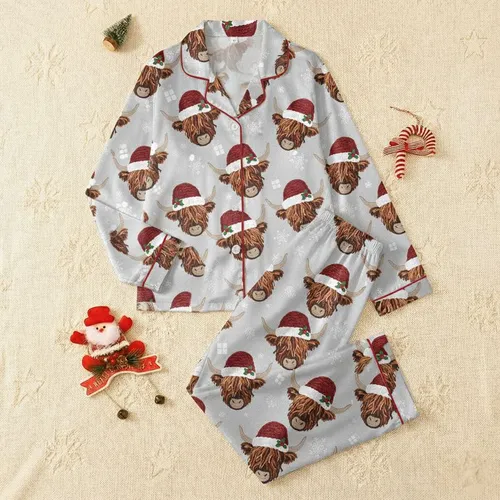 Highland Cow Enthusiasts' Textured Holiday Pattern: Shaggy Cows, Cranberry Red Santa Hats, Holly & Snowflakes Satin Pajamas Set