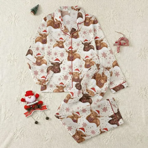 Women's Holiday Whimsical Watercolor Highland Cows, Santa Hat & Plaid Bow Ties, Snowy Red & White Flakes Satin Pajamas Set