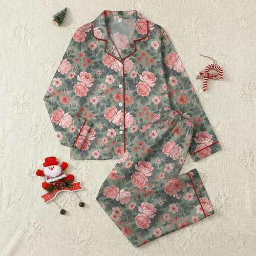 Adults' Lush Blush Pink Rose & Coral Floret Botanical Sage Green Illustrative Pattern Satin Pajamas Set