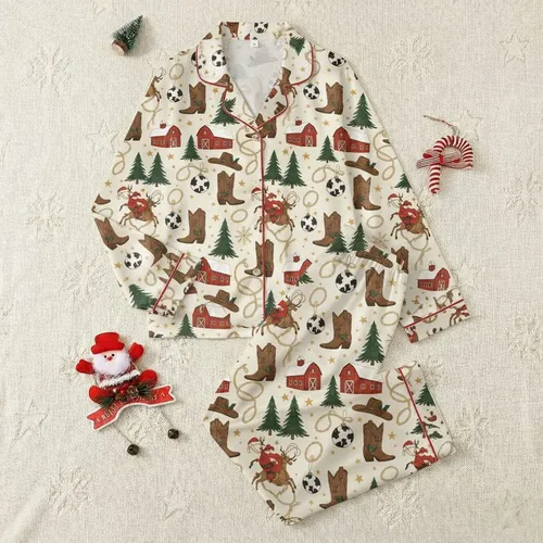Family's Rustic Western Christmas Muted Cream Red Green Cowboy Santa Pattern Satin Pajamas Set