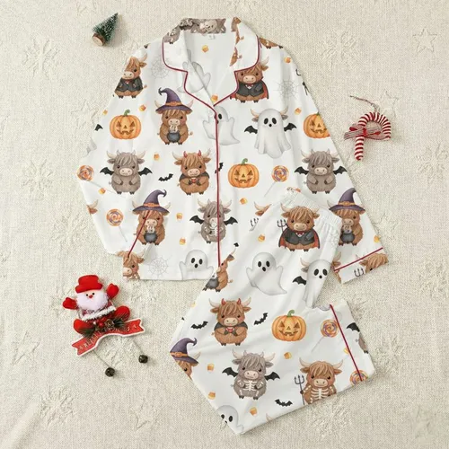 Family's Whimsical Watercolor Halloween Highland Cow Costume Pattern: Witches, Vampires, Ghosts, Orange Pumpkins Satin Pajamas Set