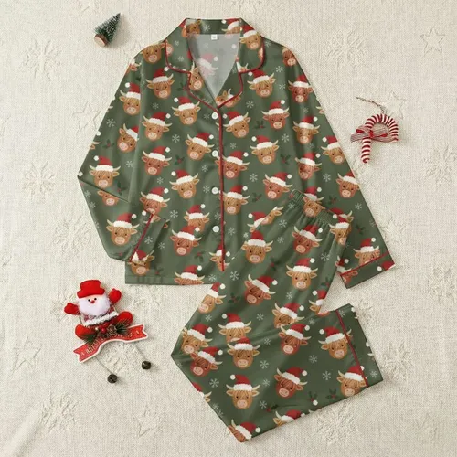 Highland Cow Lovers' Festive Military Green All-Over Illustrative Cow Pattern with Red Santa Hats, White Snowflakes & Holly Berries Satin Pajamas Set