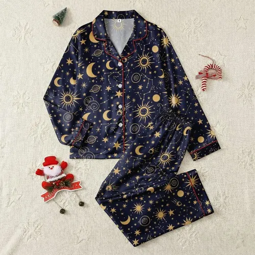 Family Whimsical Golden Yellow Celestial Suns Moons Stars Constellation Pattern Deep Navy Satin Pajamas Set
