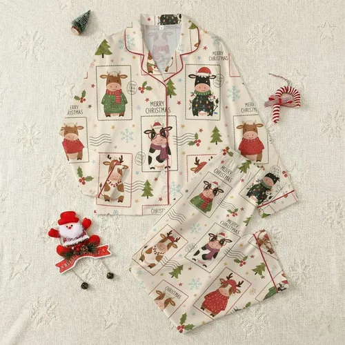 Cow Lovers' Whimsical Christmas Cow Postage Stamp Illustration with Festive Ivory Red Green Blue Accents Satin Pajamas Set