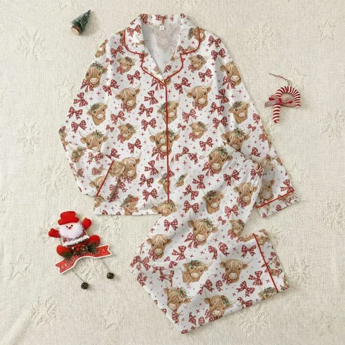 Women's Fluffy Highland Cow Rustic Christmas Watercolor Pattern with Buffalo Plaid Bows & Wreaths Satin Pajamas Set