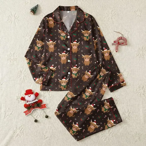 Christmas Cow Lovers' Festive Brown Highland Cow, Red Santa Hats, Green Plaid, Snowflakes, Holly, Gold Stars on Chocolate Brown Satin Pajamas Set