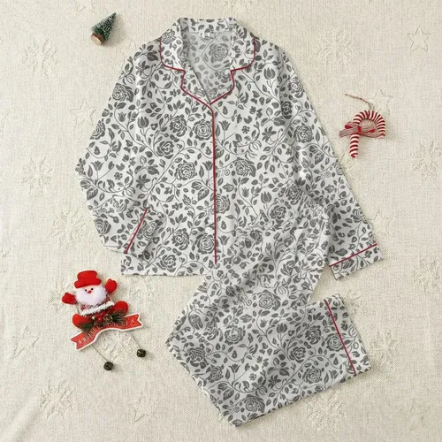 Women's Charcoal Greige Intertwined Stylized Botanical Pattern Satin Pajamas Set