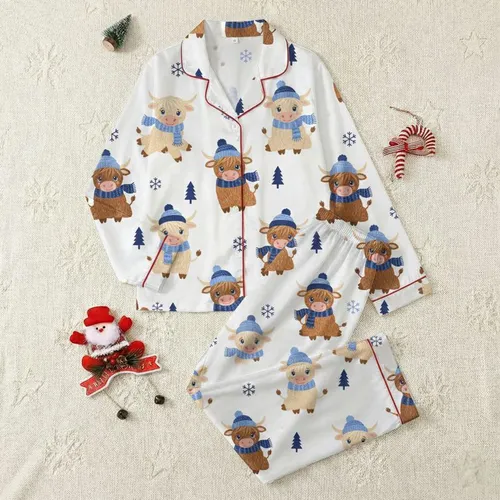 Rustic Christmas Fans' Whimsical Brown Highland Cow Blue Beanie Scarf Yarn Art Pattern Satin Pajamas Set