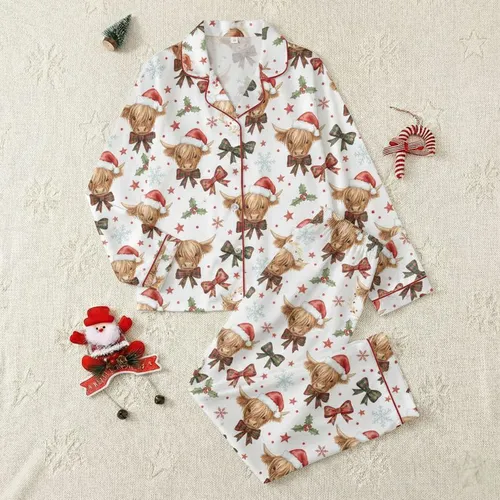 Western Christmas Style Watercolor Fluffy Highland Cows in Santa Hats & Plaid Bows with Holly & Snowflakes Satin Pajamas Set