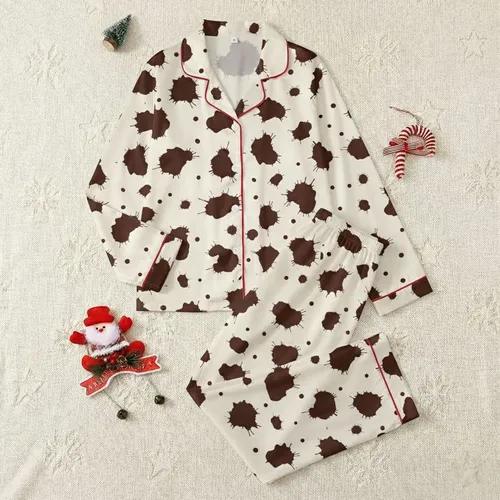 Couples' Rustic Organic Flowing Dark Chocolate & Creamy Off-White Blotches Satin Pajamas Set