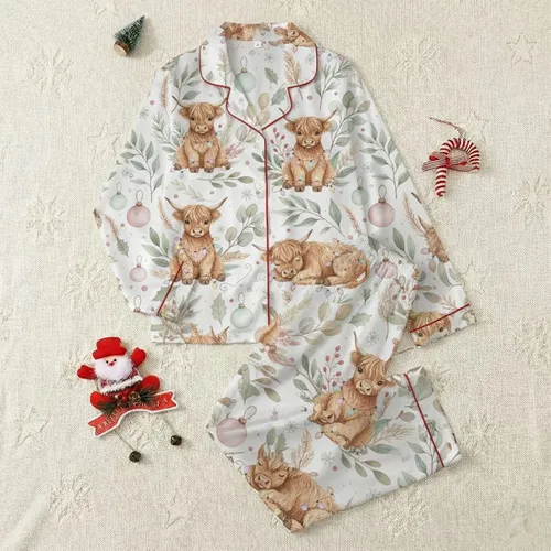 Holiday Families' Whimsical Highland Calf Christmas Lights Seamless Pattern, Muted Watercolor Botanicals & Vintage Accents Satin Pajamas Set