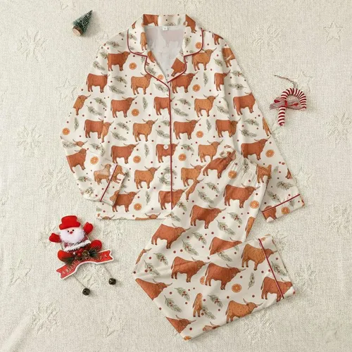 Highland Cow Lovers' Rustic Hand-Drawn Seamless Pattern with Reddish-Brown Cows, Olive Green Pine & Warm Orange Slices Satin Pajamas Set