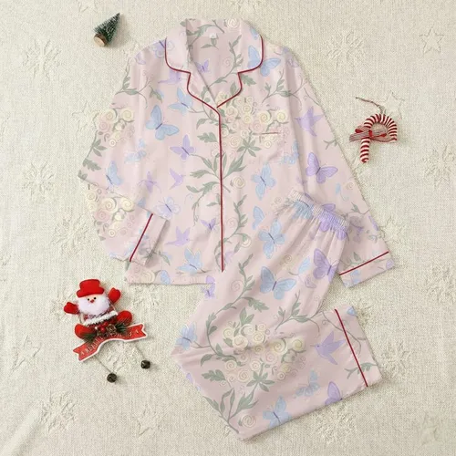 Women's Whimsical Garden Butterflies Hummingbirds Floral Rose Pink Lavender Sky Blue Sage Green Pattern Satin Pajamas Set