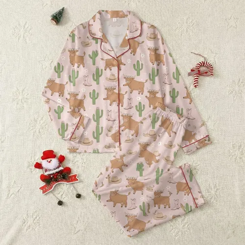 Country Style Women's Whimsical Pale Pink Highland Cow Western Repeat with Flower Crowns, Cactus & Boots Satin Pajamas Set