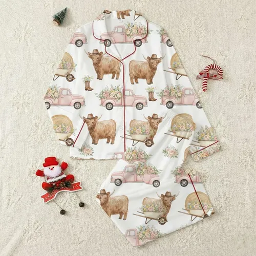 Country Aesthetic Enthusiasts' Watercolor Highland Cow Cowboy Truck Floral Hay Bale Repeat Design Satin Pajamas Set